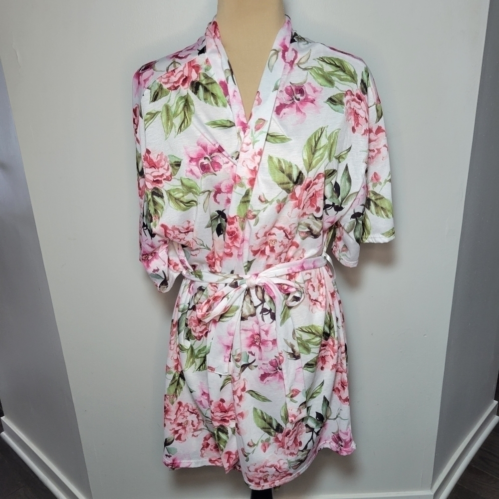 Show Me Your Mumu One Size Floral Rose Robe Kimono Bridal White Pink